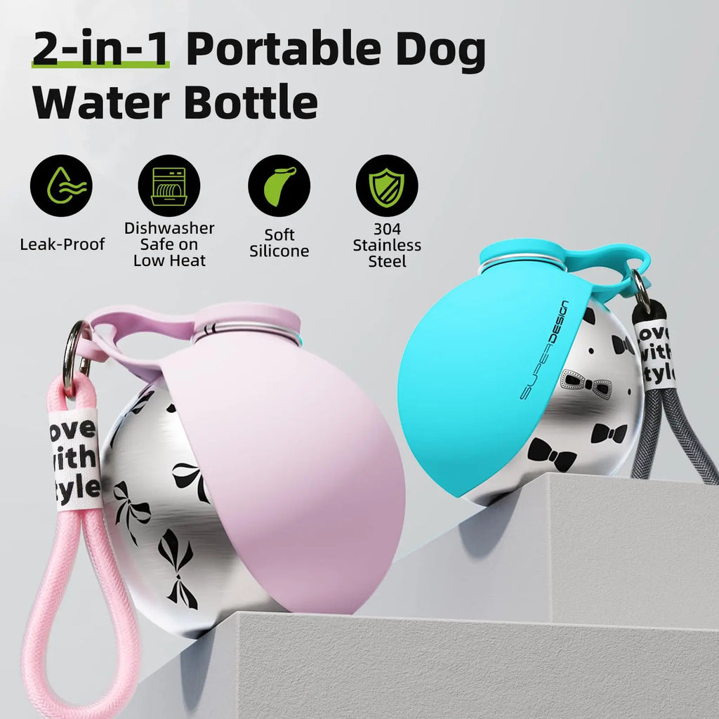 Botella de Agua Portátil 2 en 1 para Perros Pequeños — Acero Inoxidable y Silicona | Antigoteo