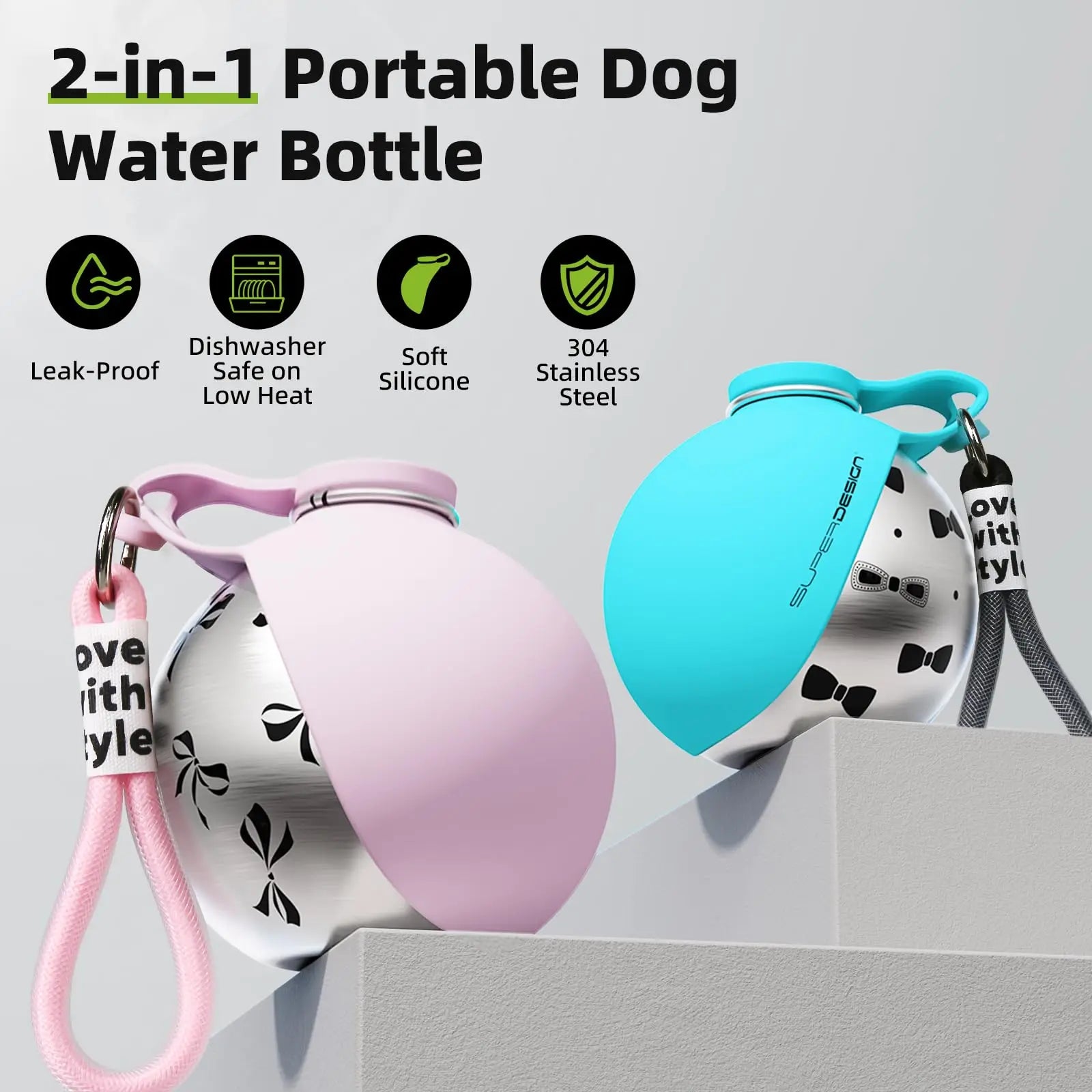 Botella de Agua Portátil 2 en 1 para Perros Pequeños — Acero Inoxidable y Silicona | Antigoteo