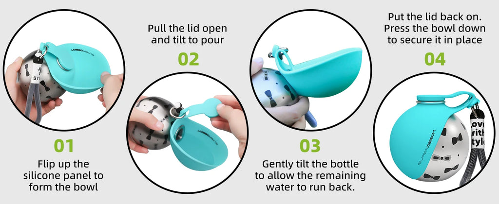 Botella de Agua Portátil 2 en 1 para Perros Pequeños — Acero Inoxidable y Silicona | Antigoteo
