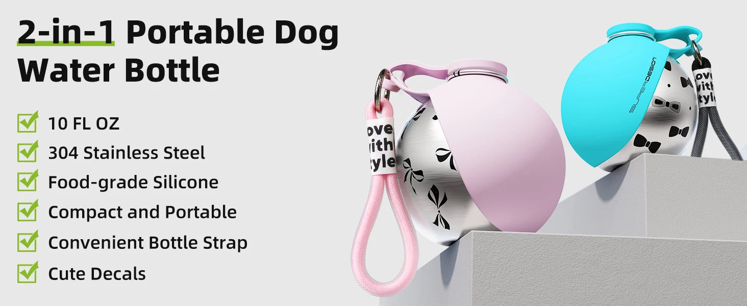 Botella de Agua Portátil 2 en 1 para Perros Pequeños — Acero Inoxidable y Silicona | Antigoteo