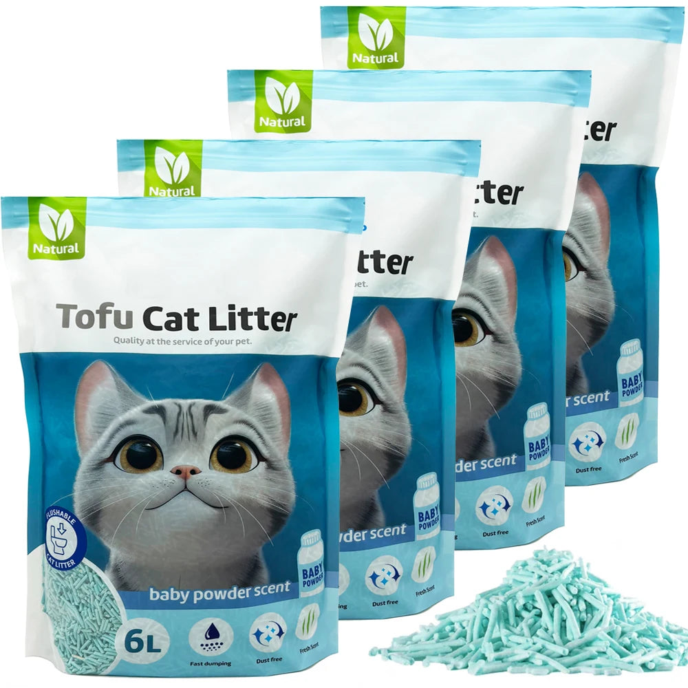 Arena aglomerante de tofu para gatos – Sin polvo, controla olores, se puede tirar por el inodoro, aroma a talco de bebé – BPS