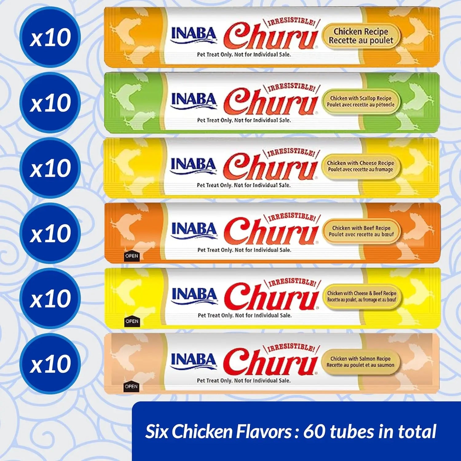 CHURU INABA - Pack 60 Unidades Mix de Sabores - Snack Líquido para Gatos, Premio Irresistible en Formato Puré