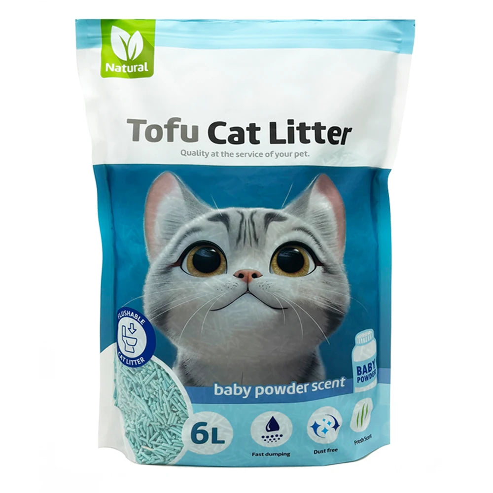 Arena aglomerante de tofu para gatos – Sin polvo, controla olores, se puede tirar por el inodoro, aroma a talco de bebé – BPS