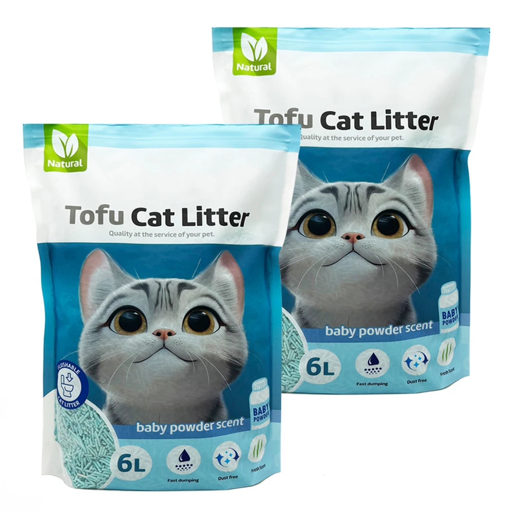 Arena aglomerante de tofu para gatos – Sin polvo, controla olores, se puede tirar por el inodoro, aroma a talco de bebé – BPS