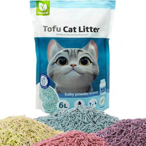 Arena aglomerante de tofu para gatos – Sin polvo, controla olores, se puede tirar por el inodoro, aroma a talco de bebé – BPS