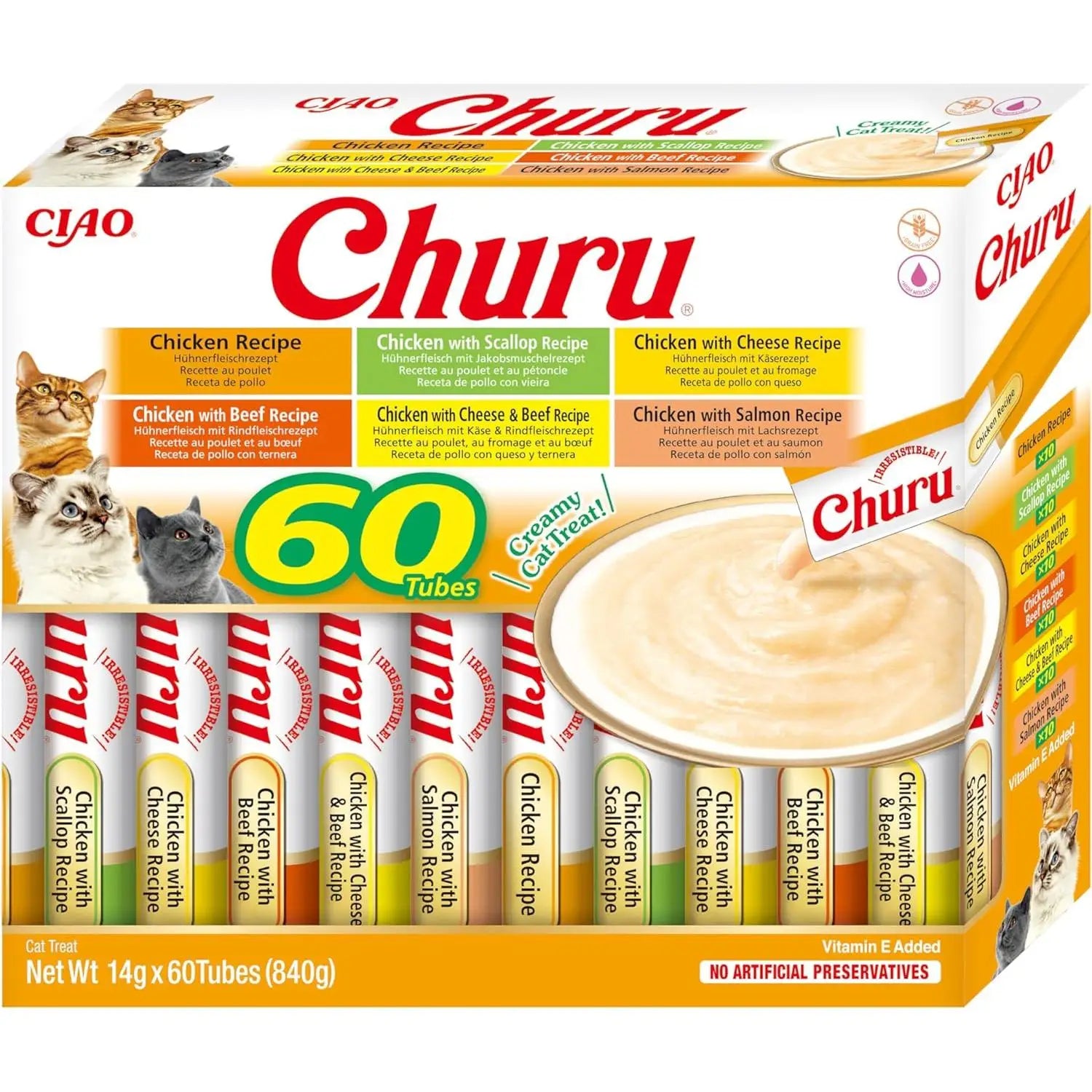 CHURU INABA - Pack 60 Unidades Mix de Sabores - Snack Líquido para Gatos, Premio Irresistible en Formato Puré