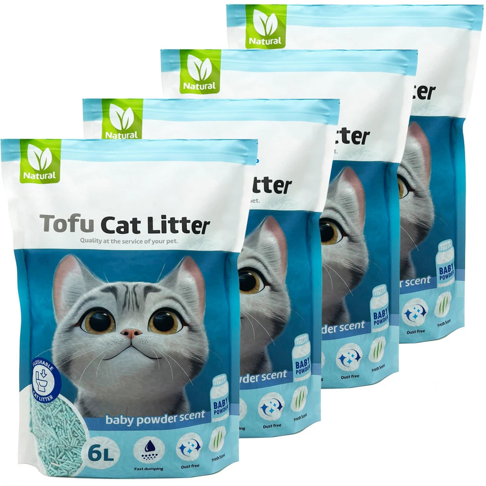 Arena aglomerante de tofu para gatos – Sin polvo, controla olores, se puede tirar por el inodoro, aroma a talco de bebé – BPS
