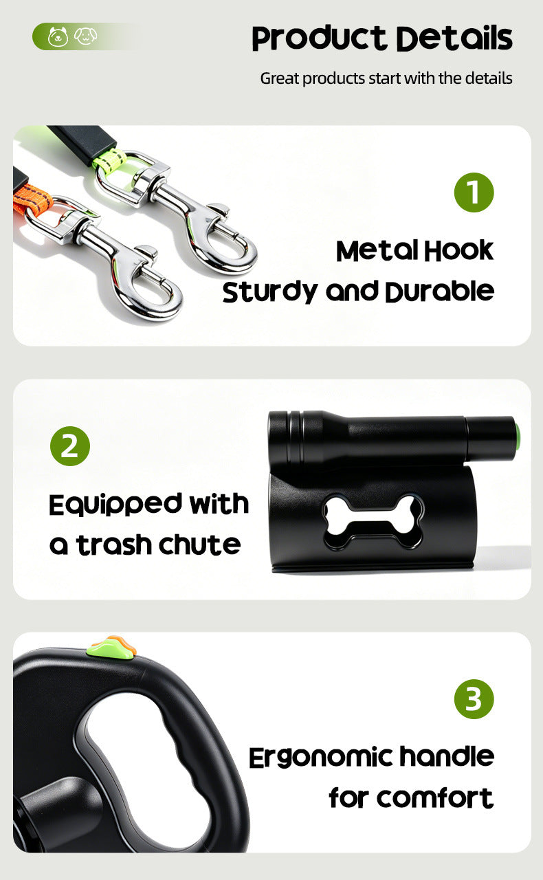 Correa Extensible Doble para Perros 3m con Linterna LED y Dispensador de Bolsas