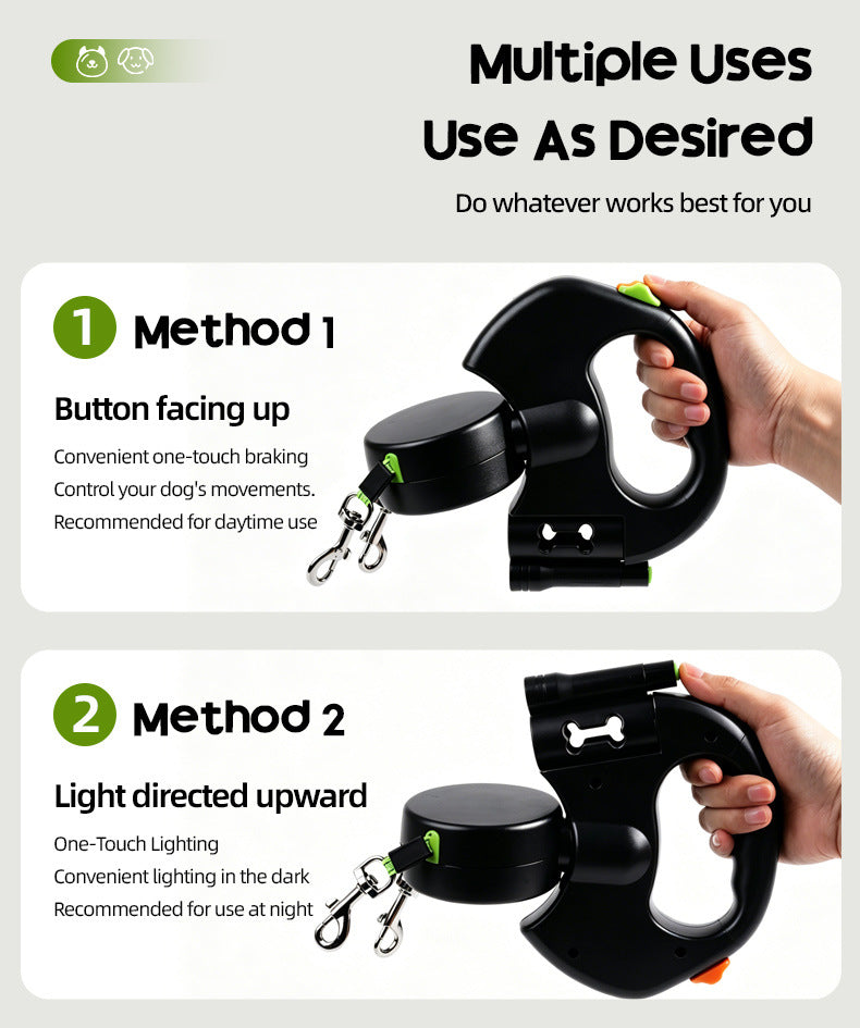 Correa Extensible Doble para Perros 3m con Linterna LED y Dispensador de Bolsas