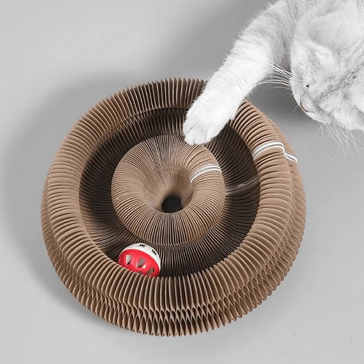 Rascador de Cartón Plegable para Gatos — Tipo Acordeón con Campana y Catnip | Multinivel