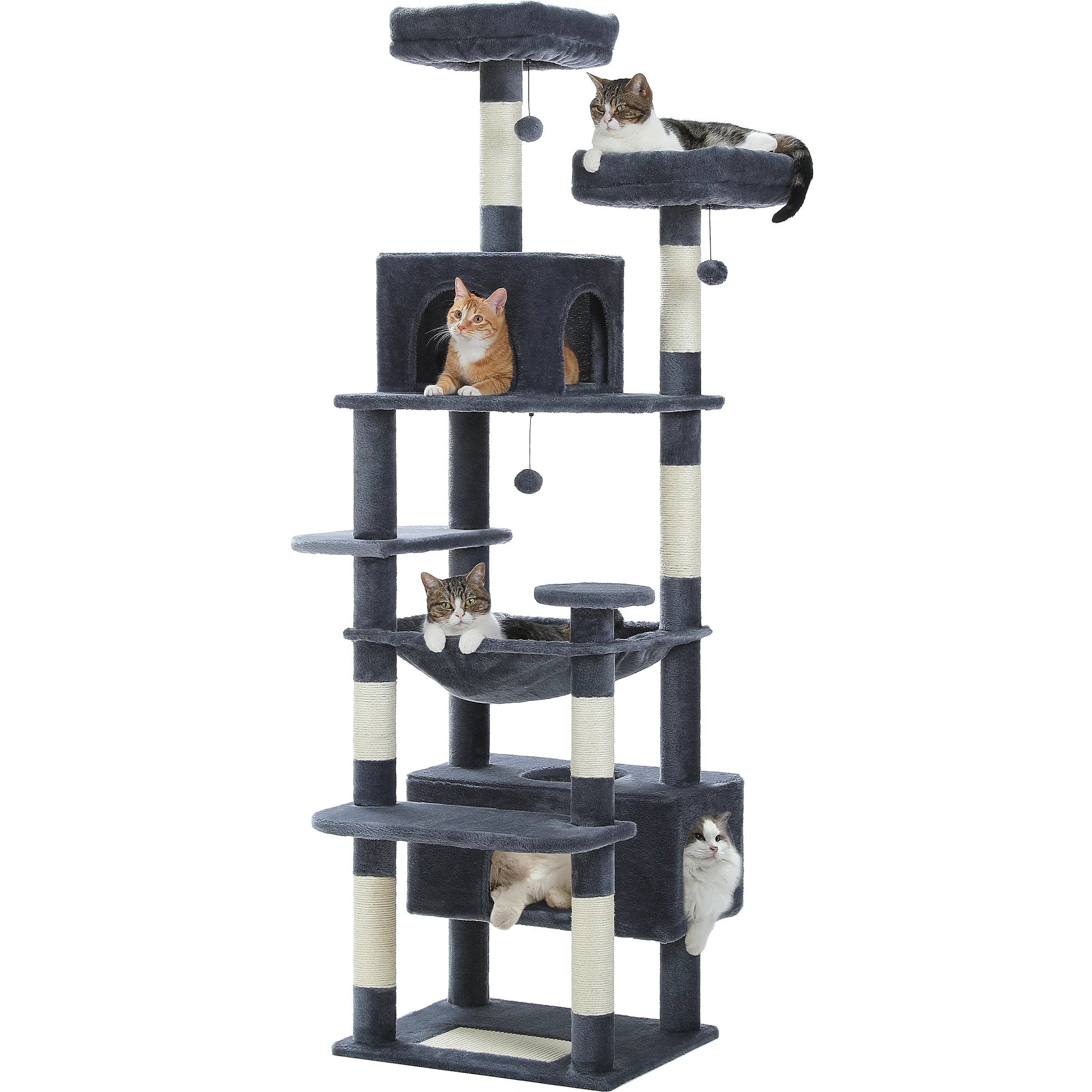 Árbol Rascador Multinivel para Gatos con Postes Rascadores, Hamaca, Casita, Percha Espaciosa y Bolas Colgantes para Gatos de Interior