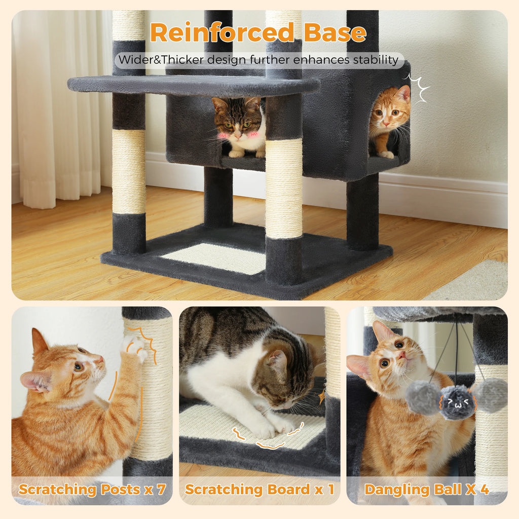 Árbol Rascador Multinivel para Gatos con Postes Rascadores, Hamaca, Casita, Percha Espaciosa y Bolas Colgantes para Gatos de Interior