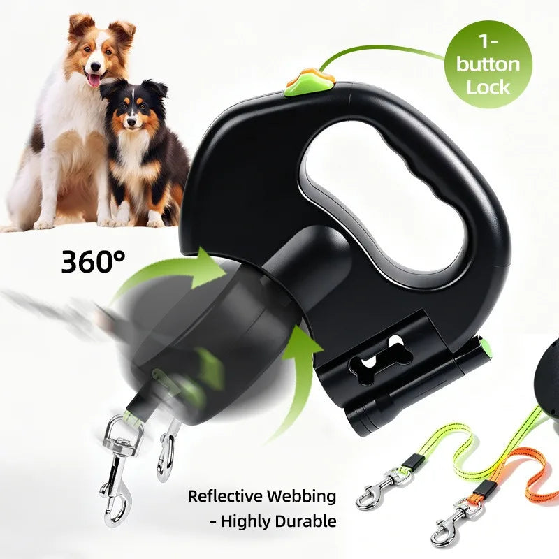 Correa Extensible Doble para Perros 3m con Linterna LED y Dispensador de Bolsas