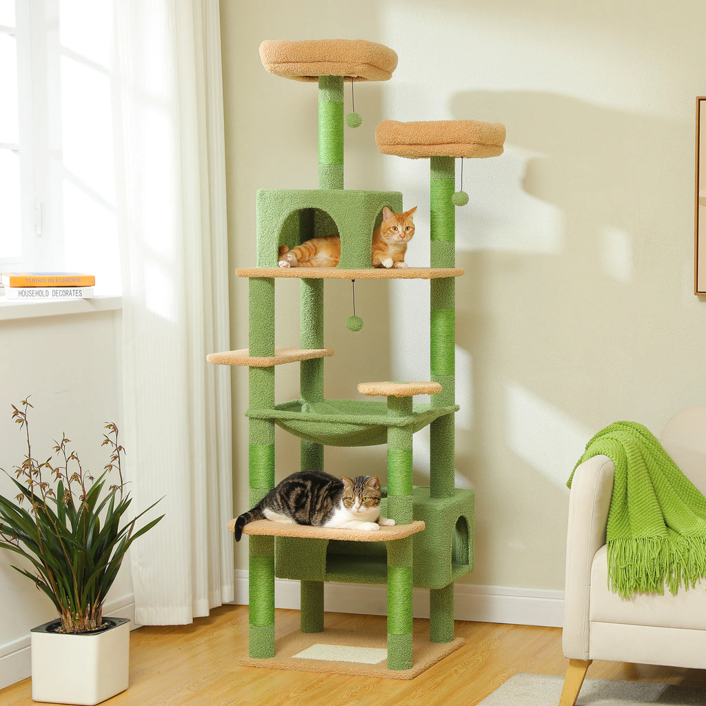 Árbol Rascador Multinivel para Gatos con Postes Rascadores, Hamaca, Casita, Percha Espaciosa y Bolas Colgantes para Gatos de Interior