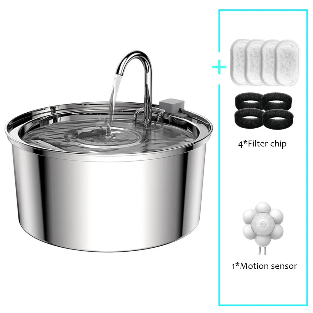 Fuente de Agua para Mascotas de Acero Inoxidable - Bebídero Automático Silencioso con Filtro para Gatos y Perros, USB, 3L