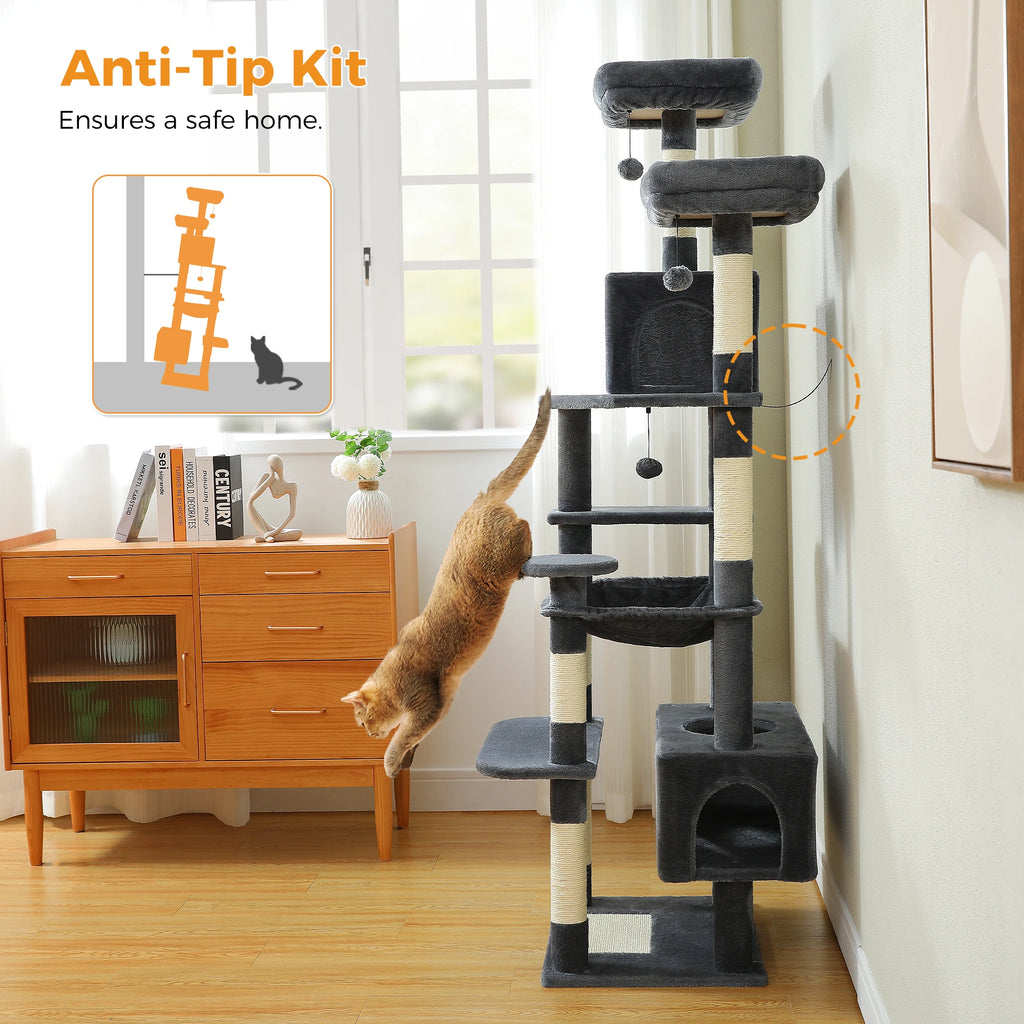 Árbol Rascador Multinivel para Gatos con Postes Rascadores, Hamaca, Casita, Percha Espaciosa y Bolas Colgantes para Gatos de Interior