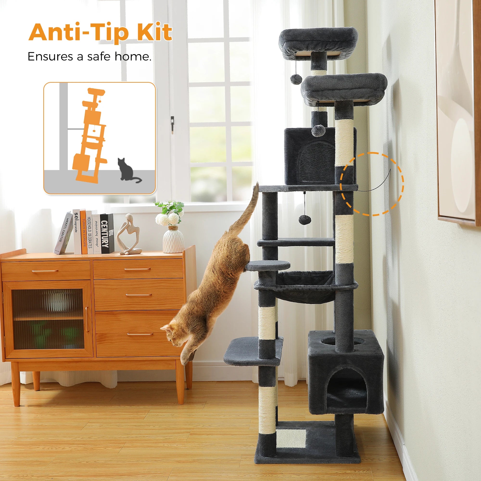Árbol Rascador Multinivel para Gatos con Postes Rascadores, Hamaca, Casita, Percha Espaciosa y Bolas Colgantes para Gatos de Interior