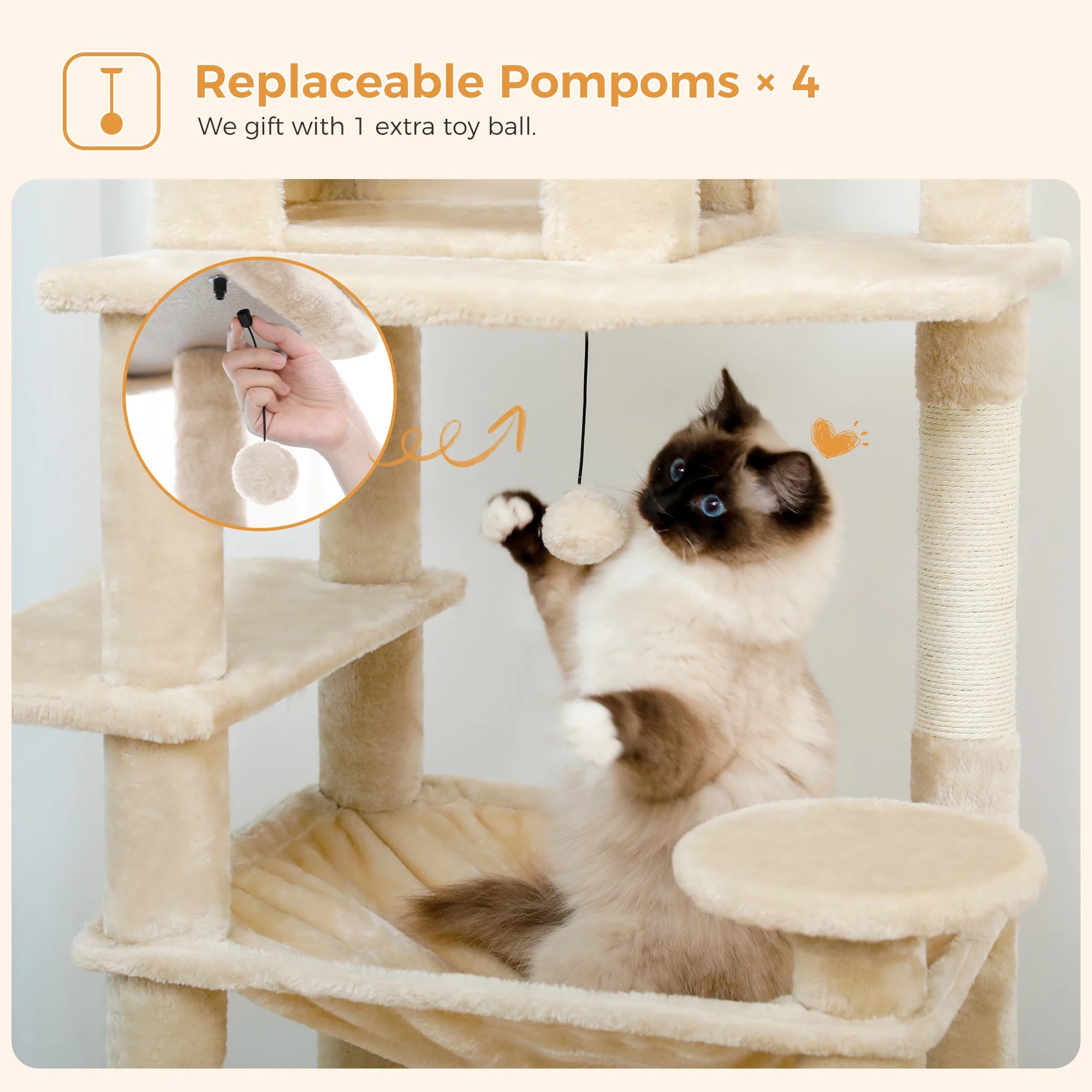 Árbol Rascador Multinivel para Gatos con Postes Rascadores, Hamaca, Casita, Percha Espaciosa y Bolas Colgantes para Gatos de Interior