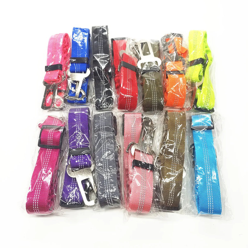 Cinturón de Seguridad Ajustable para Perros en el Coche — Nylon Reflectante y Elástico | 21 Colores