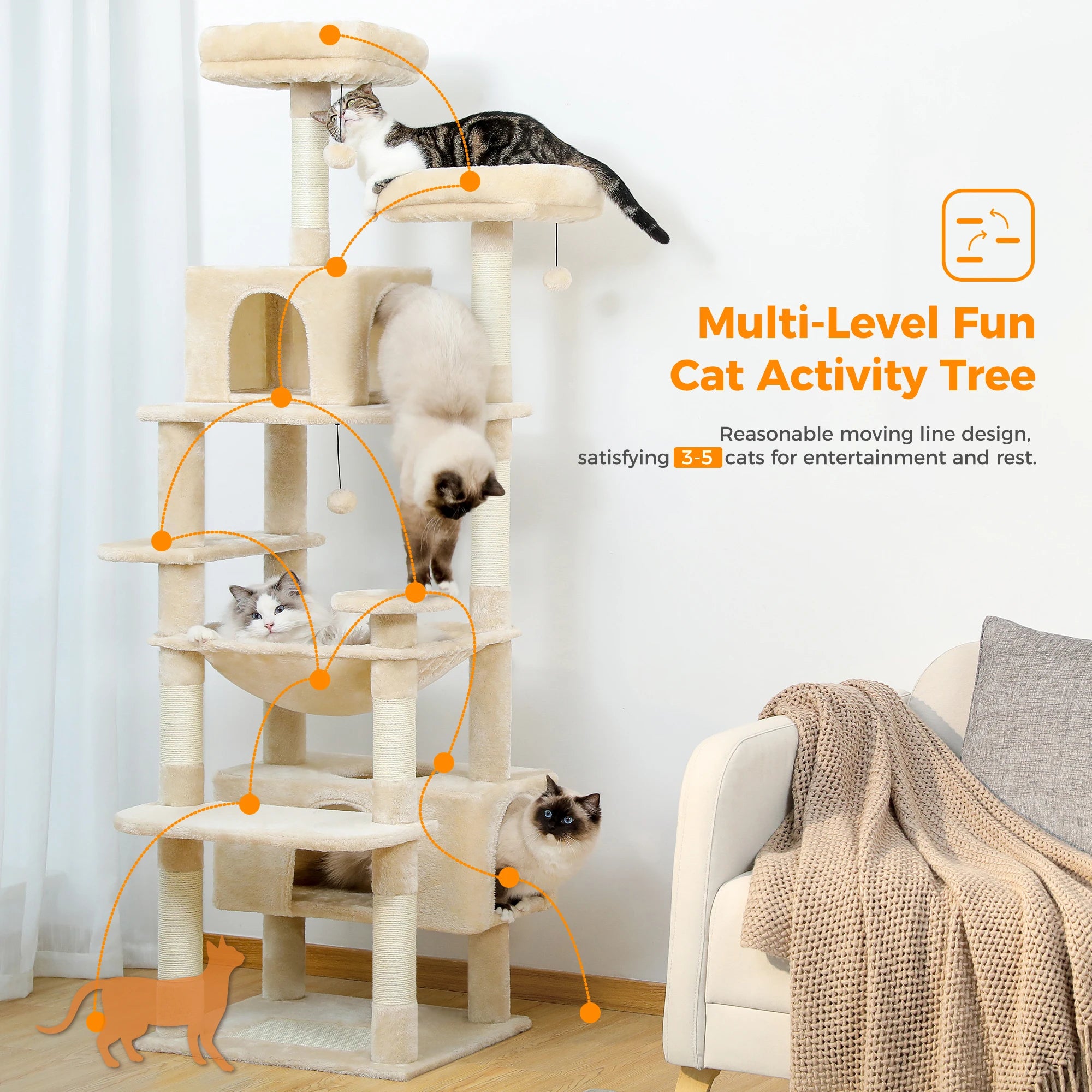 Árbol Rascador Multinivel para Gatos con Postes Rascadores, Hamaca, Casita, Percha Espaciosa y Bolas Colgantes para Gatos de Interior