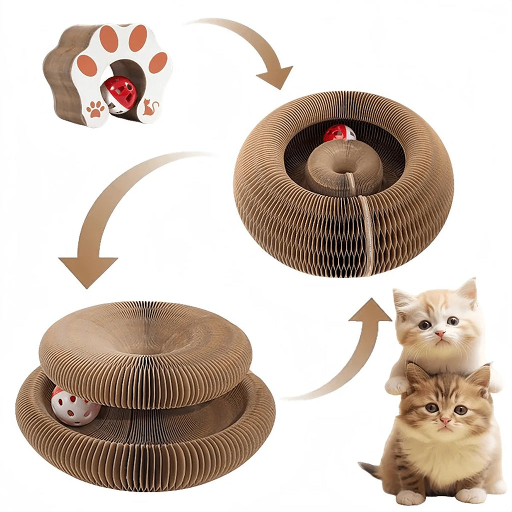 Rascador de Cartón Plegable para Gatos — Tipo Acordeón con Campana y Catnip | Multinivel