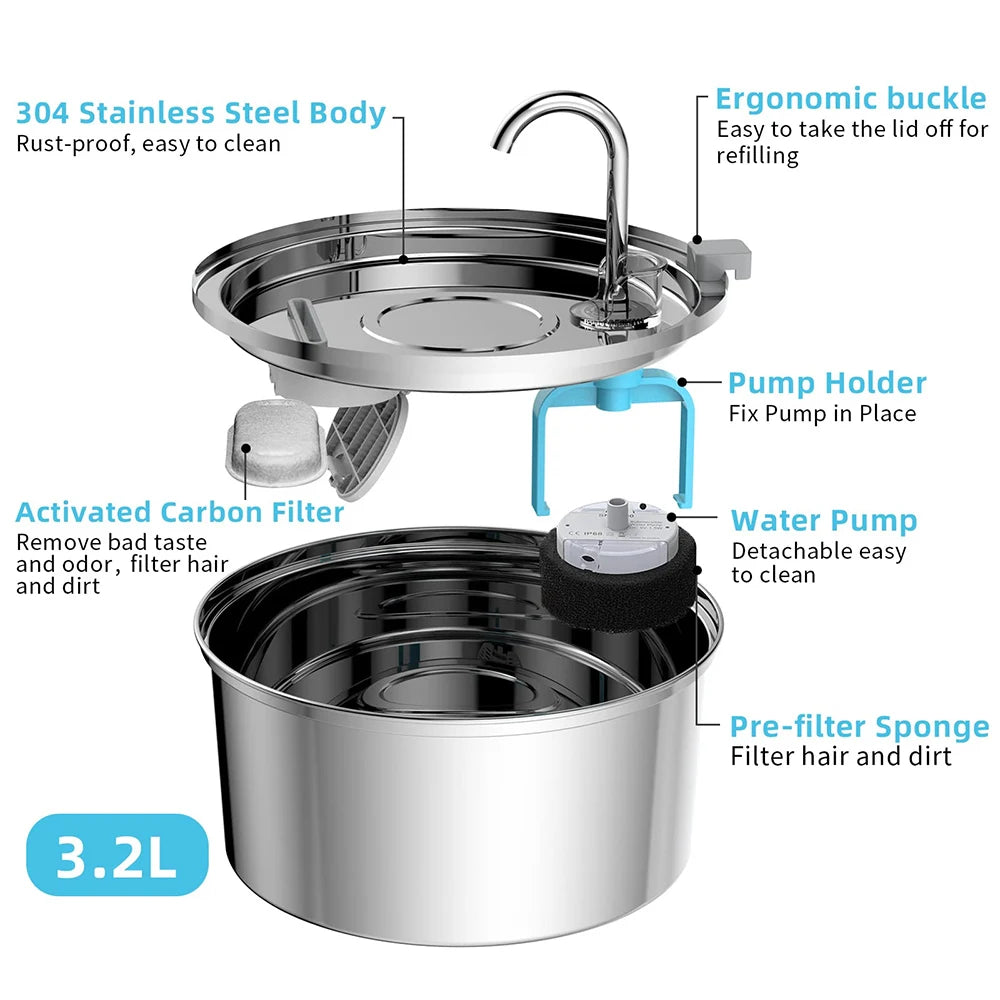 Fuente de Agua para Mascotas de Acero Inoxidable - Bebídero Automático Silencioso con Filtro para Gatos y Perros, USB, 3L