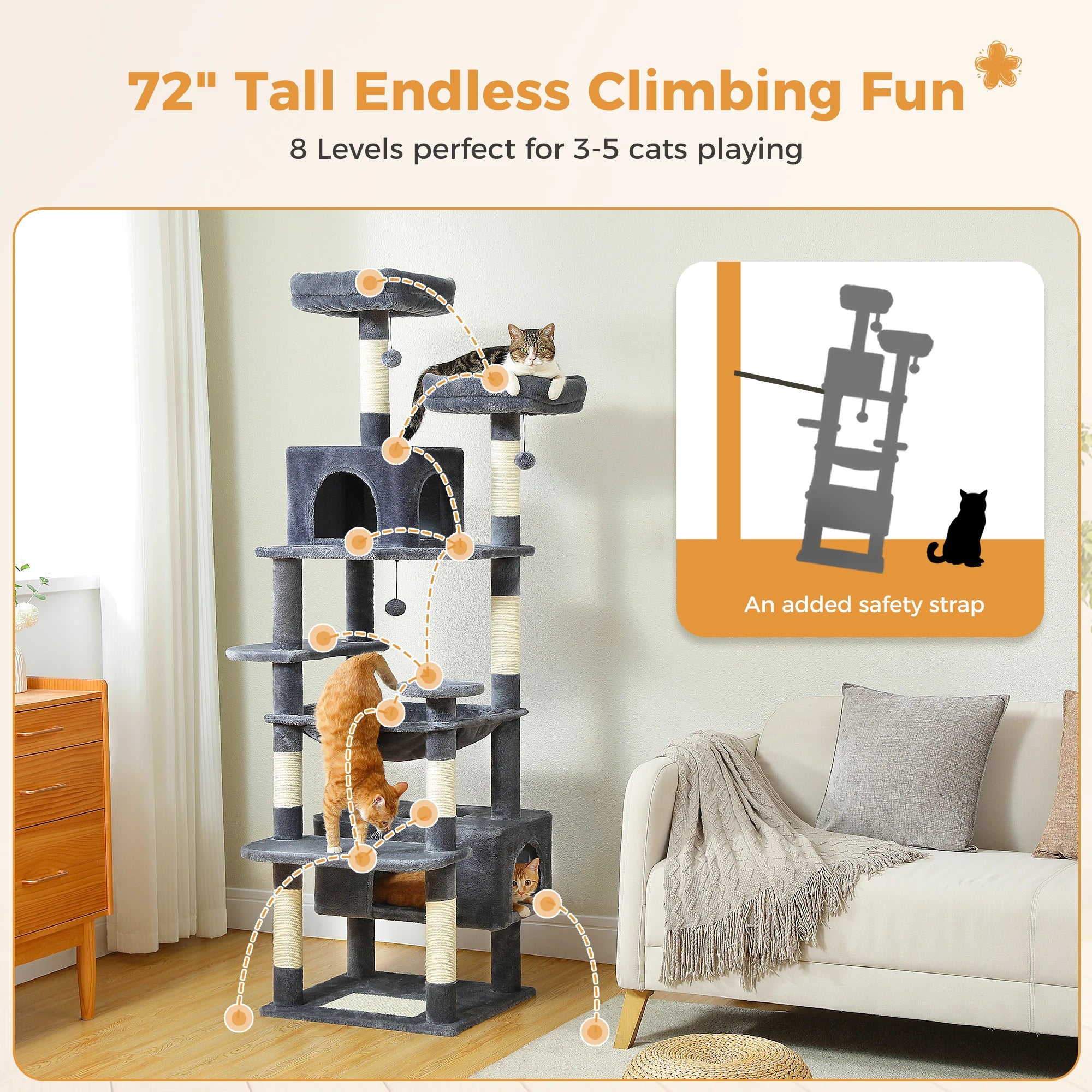 Árbol Rascador Multinivel para Gatos con Postes Rascadores, Hamaca, Casita, Percha Espaciosa y Bolas Colgantes para Gatos de Interior