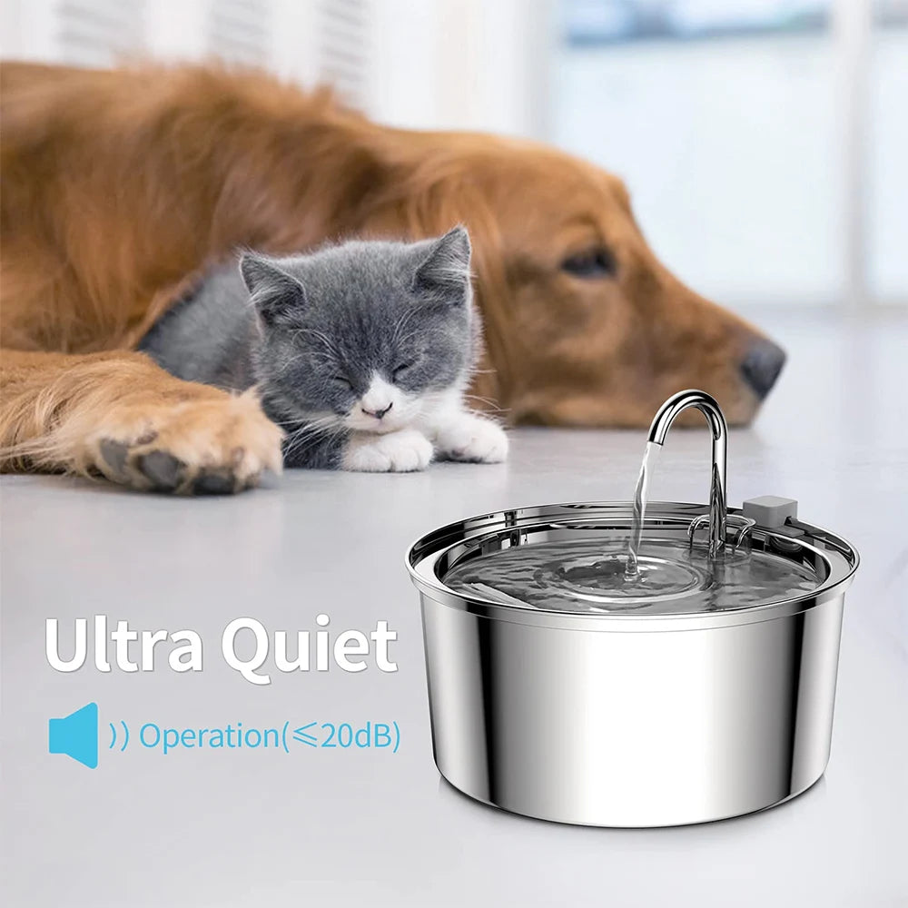 Fuente de Agua para Mascotas de Acero Inoxidable - Bebídero Automático Silencioso con Filtro para Gatos y Perros, USB, 3L