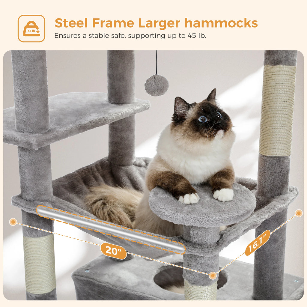 Árbol Rascador Multinivel para Gatos con Postes Rascadores, Hamaca, Casita, Percha Espaciosa y Bolas Colgantes para Gatos de Interior