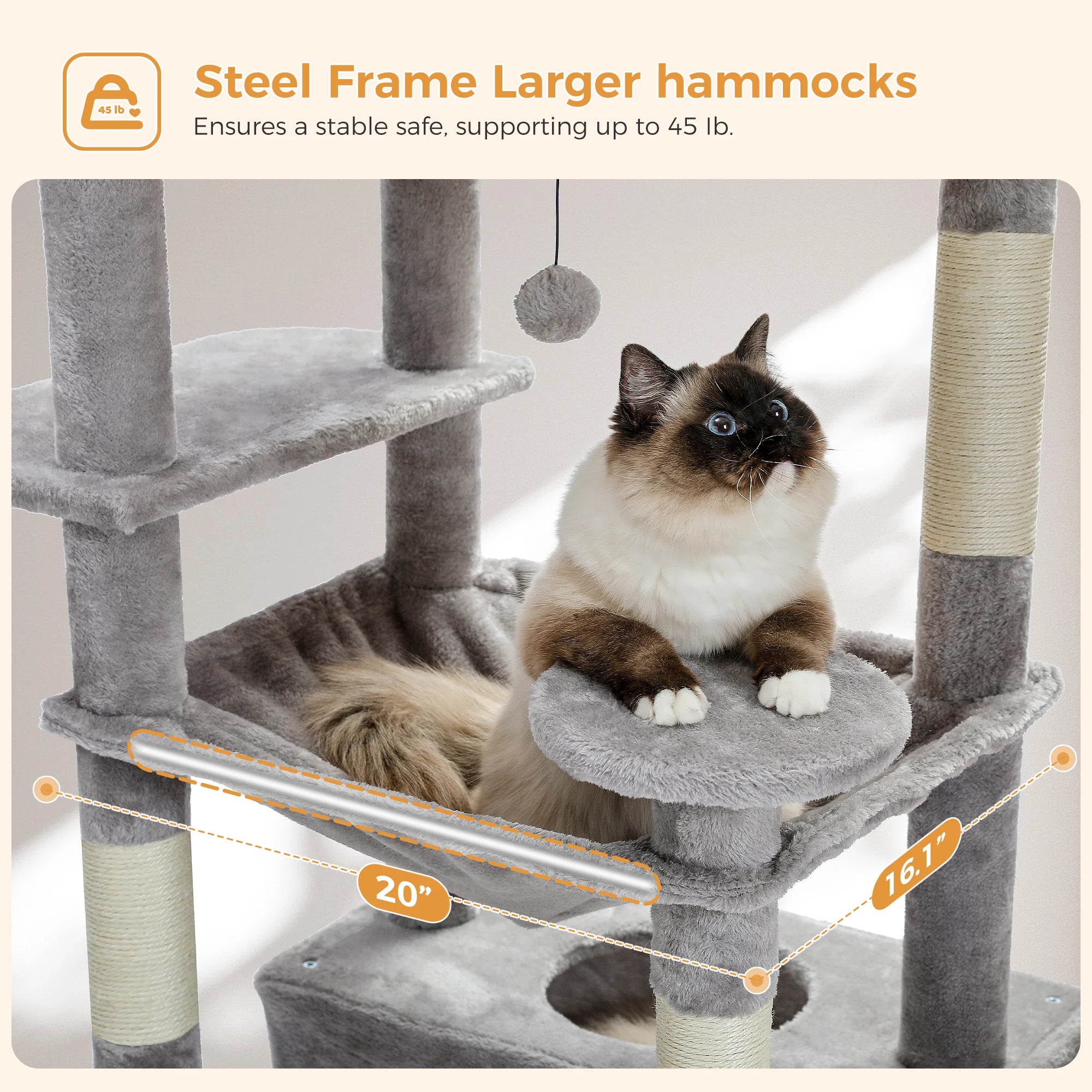 Árbol Rascador Multinivel para Gatos con Postes Rascadores, Hamaca, Casita, Percha Espaciosa y Bolas Colgantes para Gatos de Interior