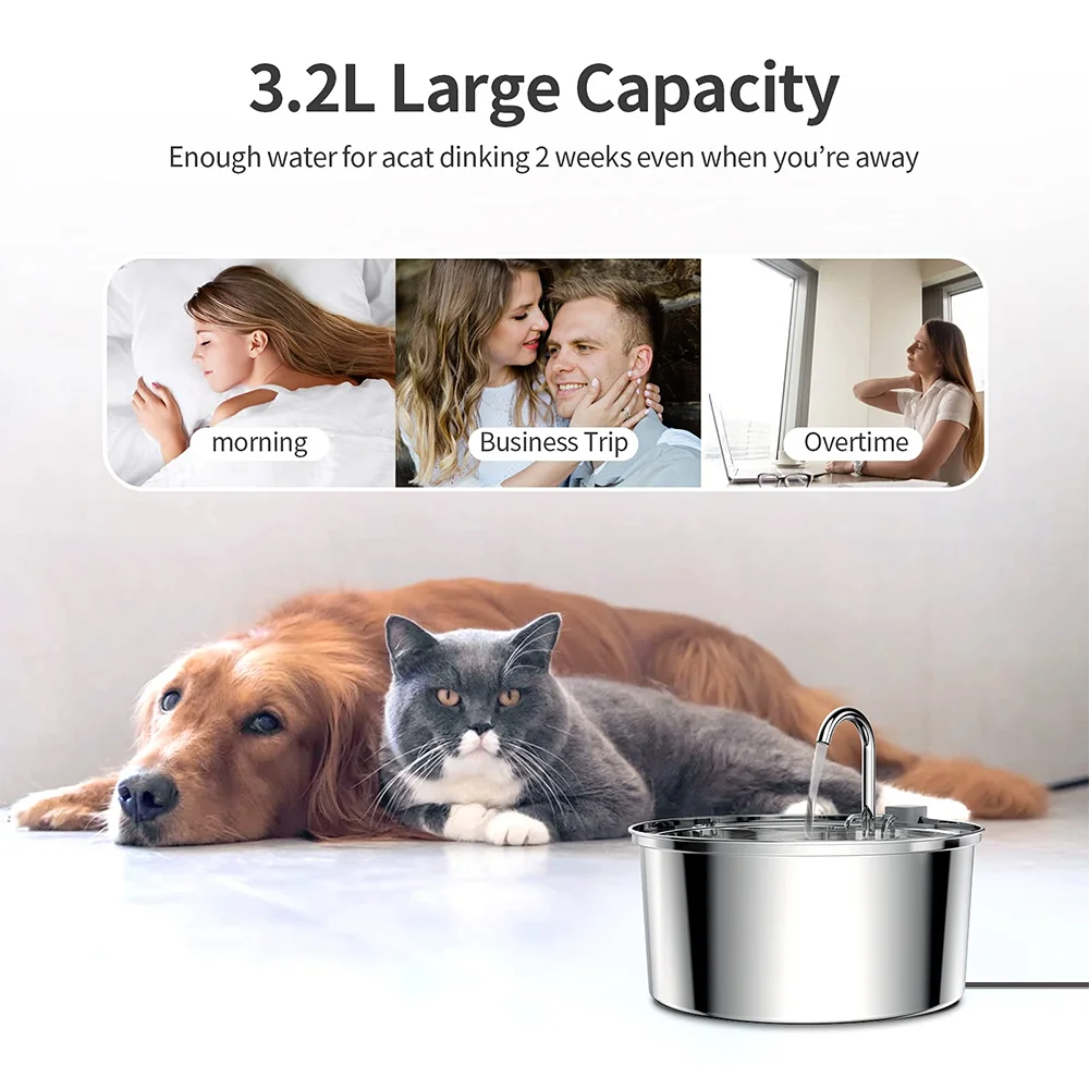 Fuente de Agua para Mascotas de Acero Inoxidable - Bebídero Automático Silencioso con Filtro para Gatos y Perros, USB, 3L