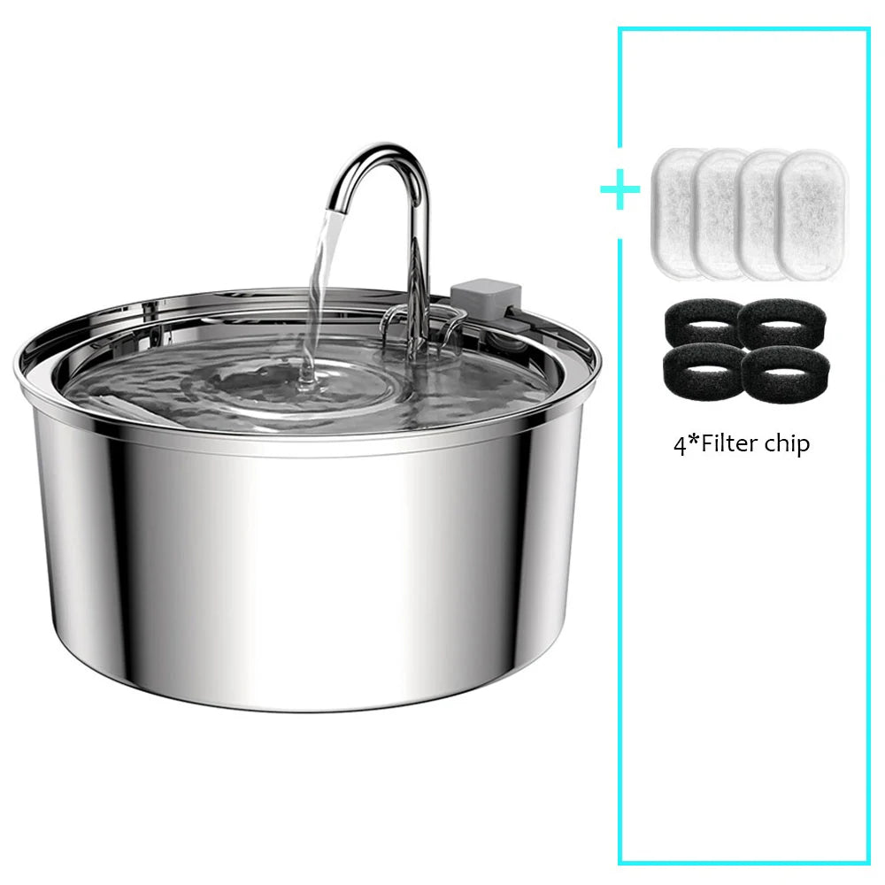 Fuente de Agua para Mascotas de Acero Inoxidable - Bebídero Automático Silencioso con Filtro para Gatos y Perros, USB, 3L