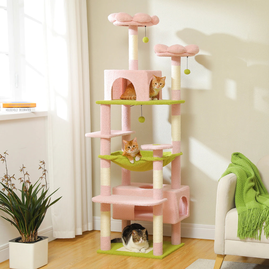 Árbol Rascador Multinivel para Gatos con Postes Rascadores, Hamaca, Casita, Percha Espaciosa y Bolas Colgantes para Gatos de Interior