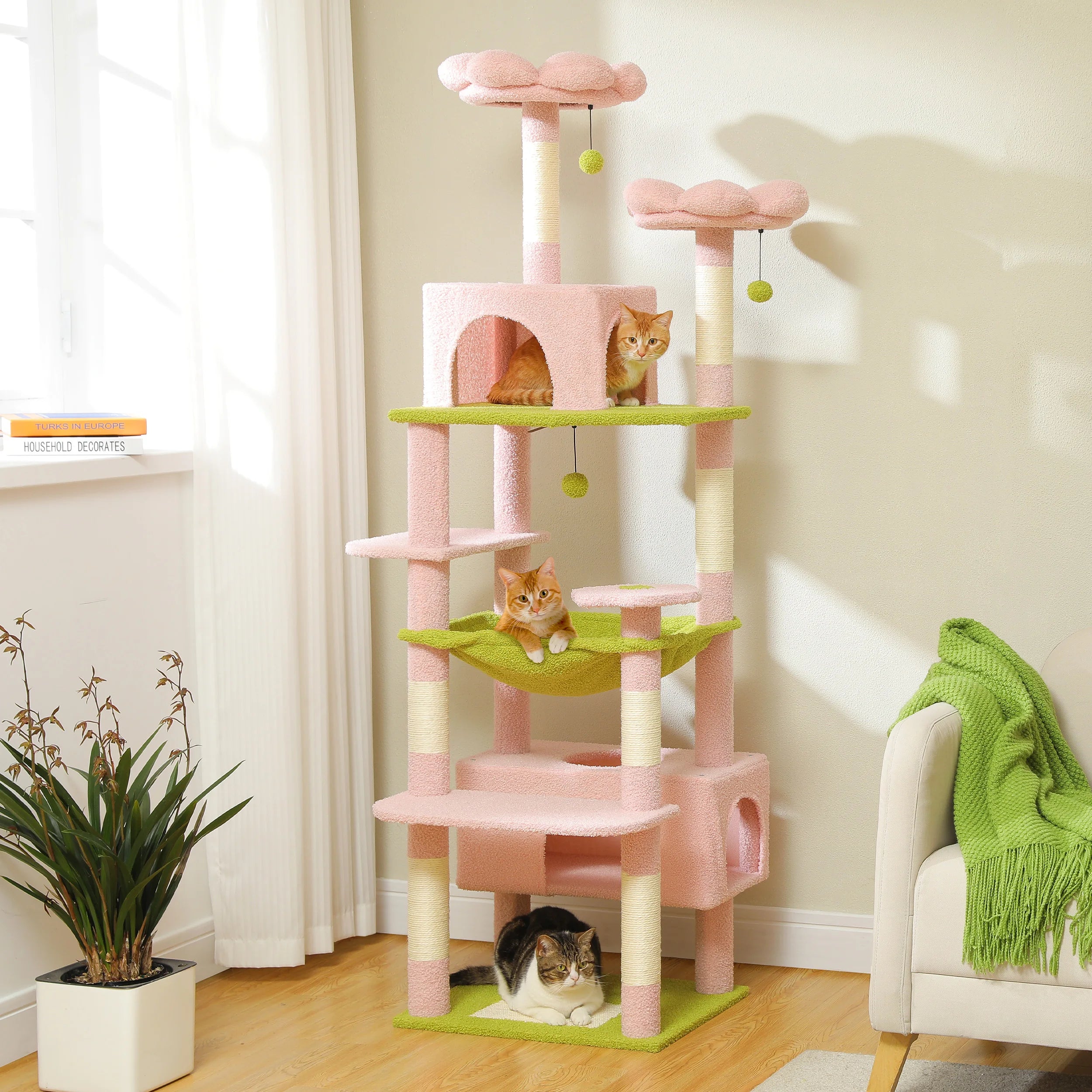 Árbol Rascador Multinivel para Gatos con Postes Rascadores, Hamaca, Casita, Percha Espaciosa y Bolas Colgantes para Gatos de Interior
