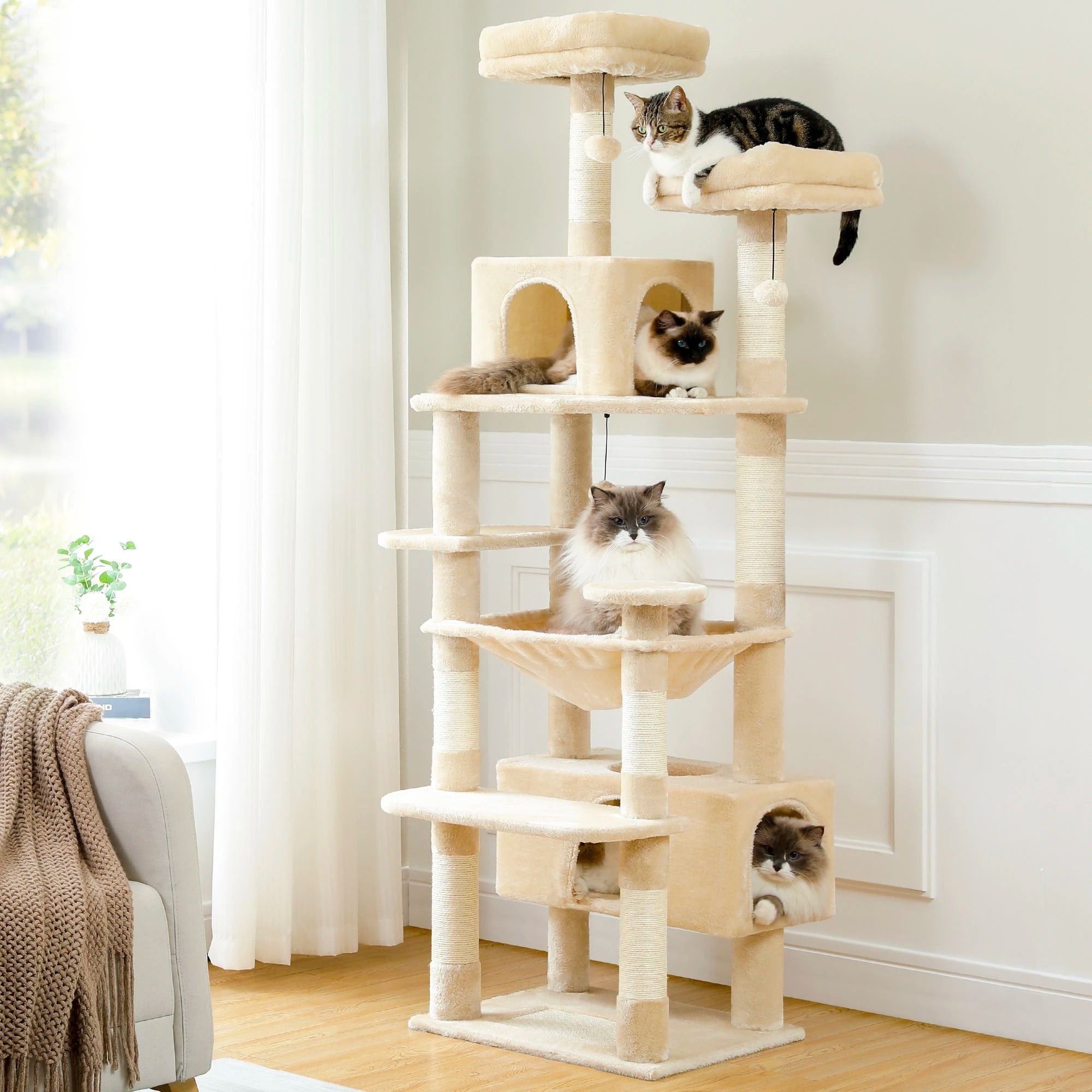 Árbol Rascador Multinivel para Gatos con Postes Rascadores, Hamaca, Casita, Percha Espaciosa y Bolas Colgantes para Gatos de Interior