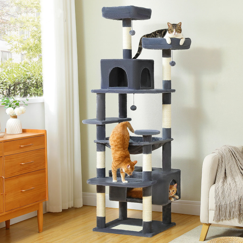 Árbol Rascador Multinivel para Gatos con Postes Rascadores, Hamaca, Casita, Percha Espaciosa y Bolas Colgantes para Gatos de Interior