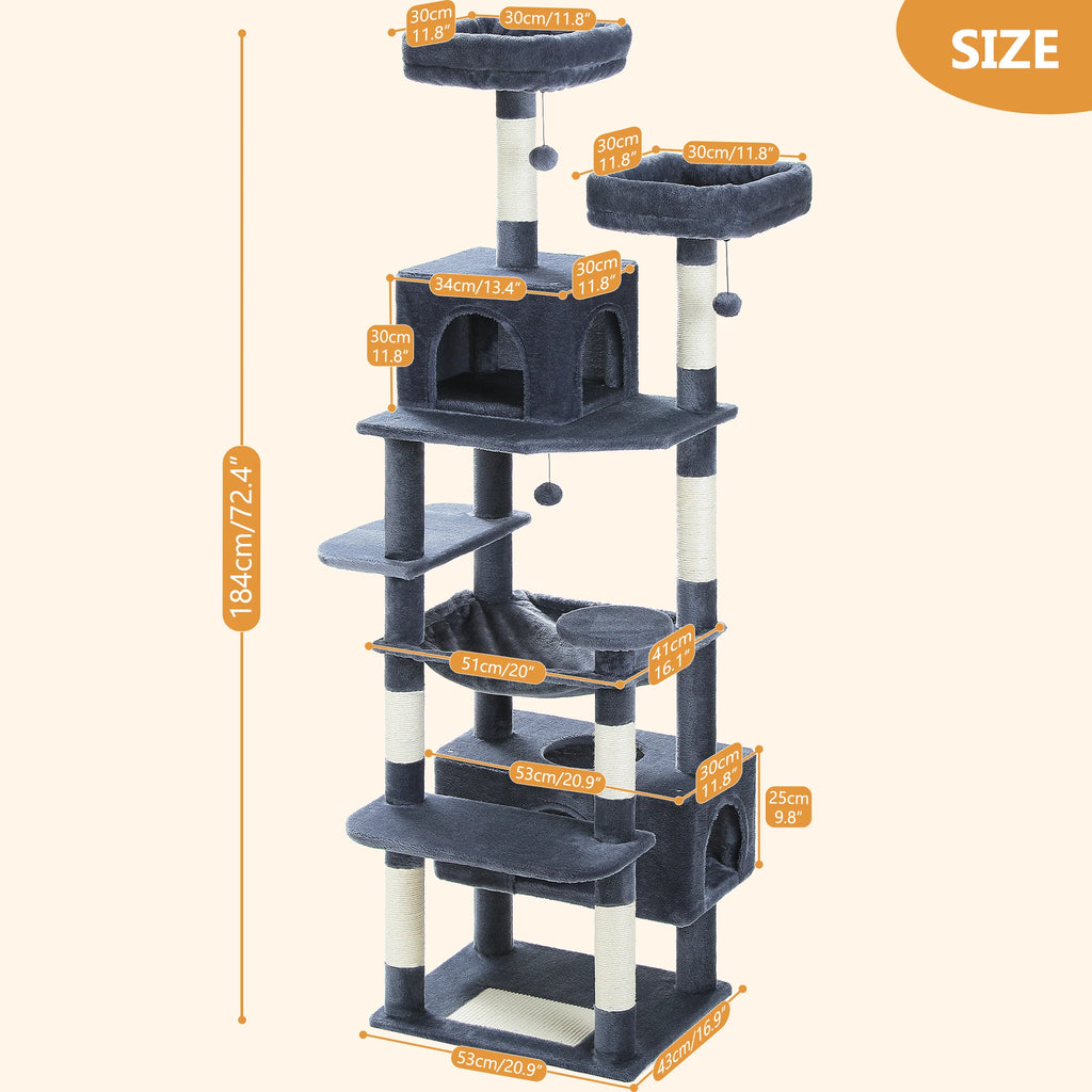 Árbol Rascador Multinivel para Gatos con Postes Rascadores, Hamaca, Casita, Percha Espaciosa y Bolas Colgantes para Gatos de Interior