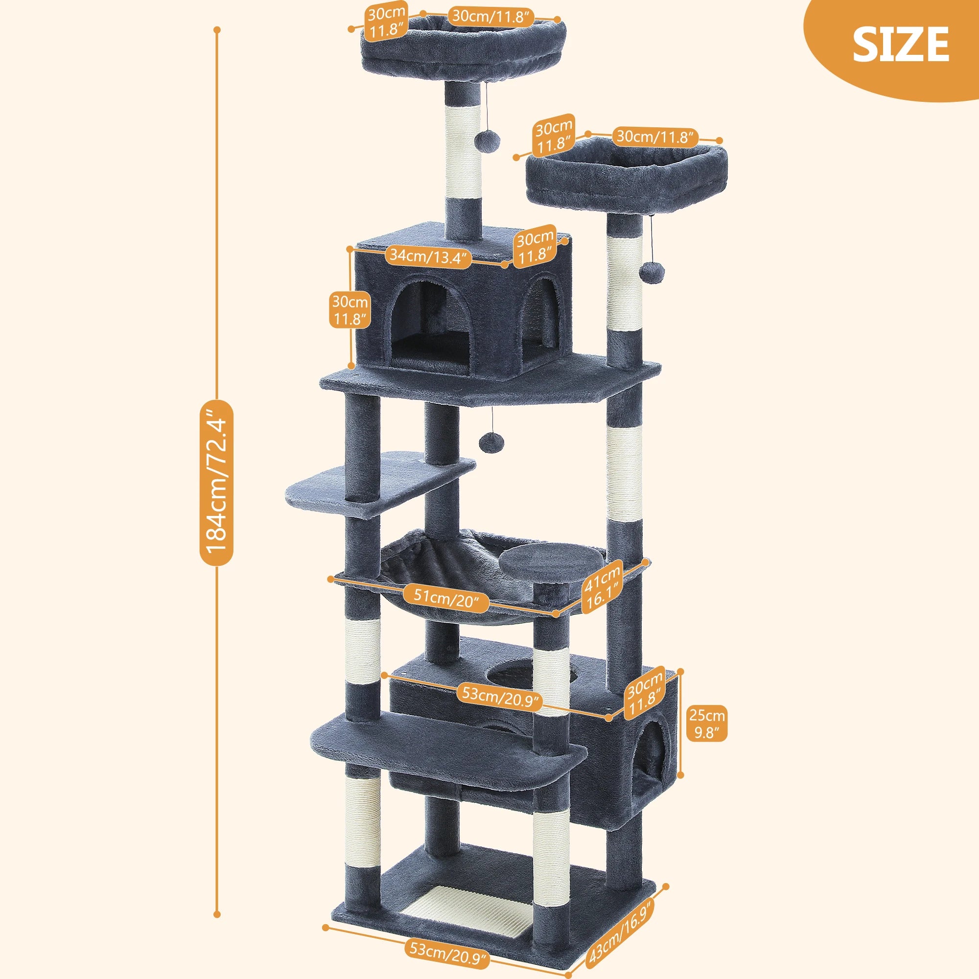 Árbol Rascador Multinivel para Gatos con Postes Rascadores, Hamaca, Casita, Percha Espaciosa y Bolas Colgantes para Gatos de Interior