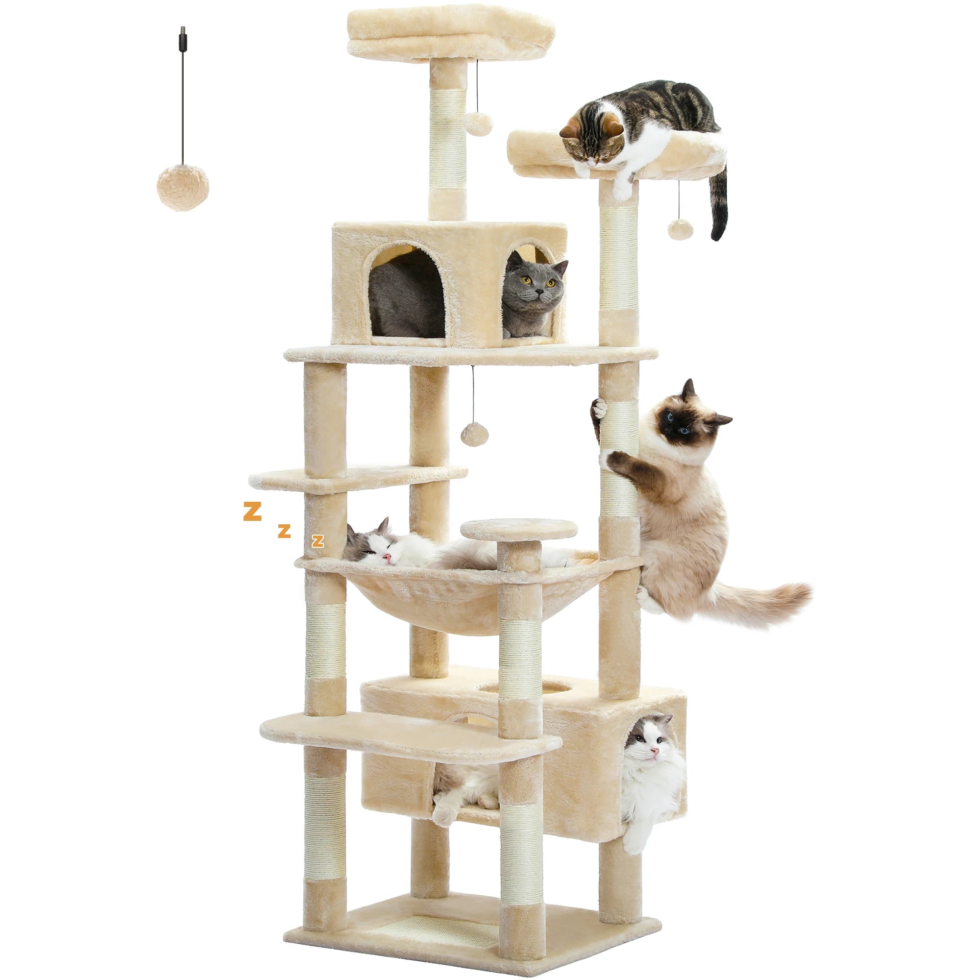 Árbol Rascador Multinivel para Gatos con Postes Rascadores, Hamaca, Casita, Percha Espaciosa y Bolas Colgantes para Gatos de Interior