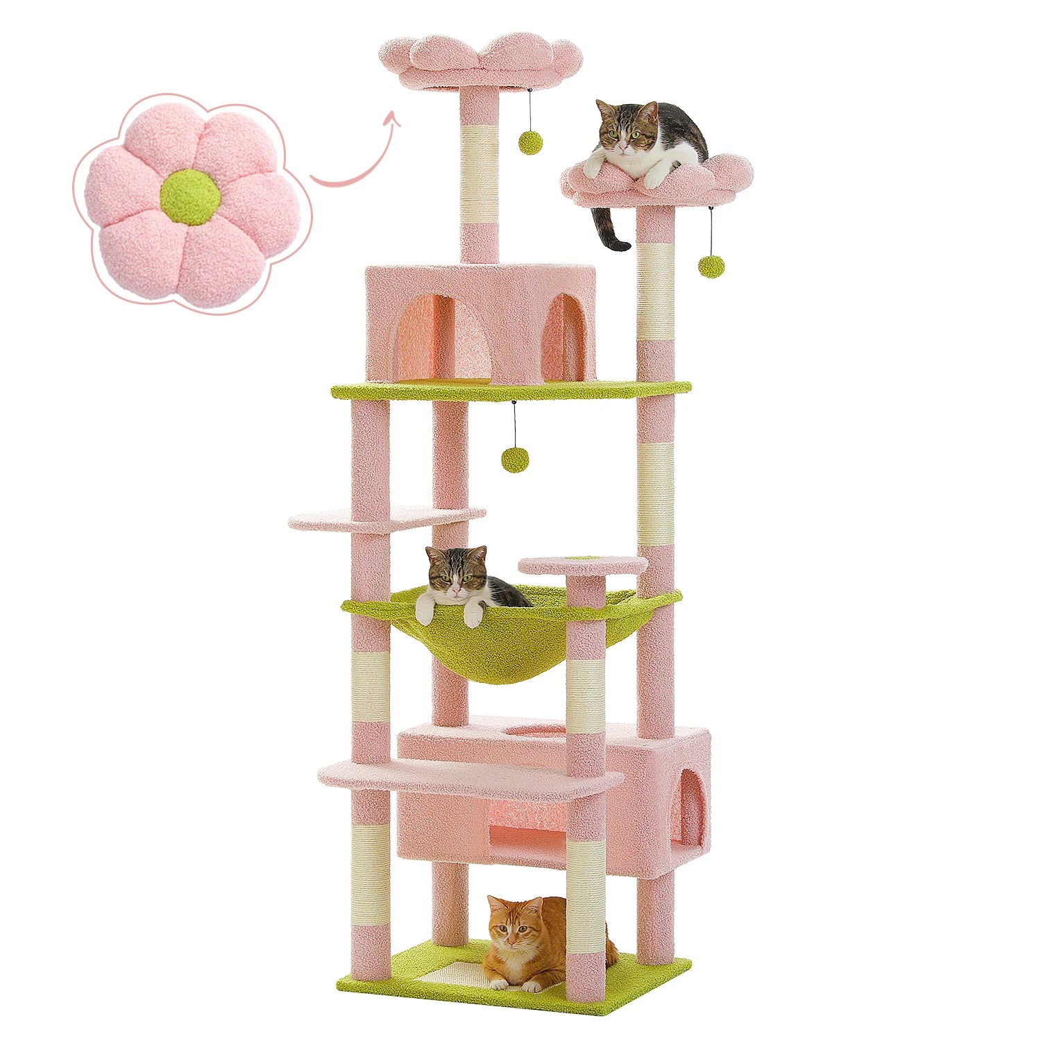 Árbol Rascador Multinivel para Gatos con Postes Rascadores, Hamaca, Casita, Percha Espaciosa y Bolas Colgantes para Gatos de Interior