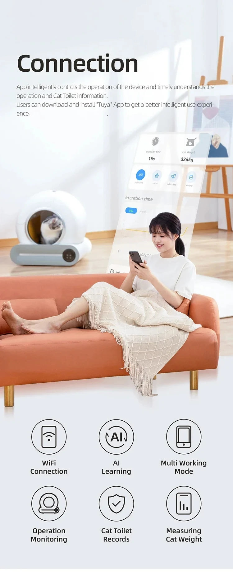 Arenero Automático Inteligente para Gatos de Gran Capacidad, Semiencerrado con Control Remoto por APP