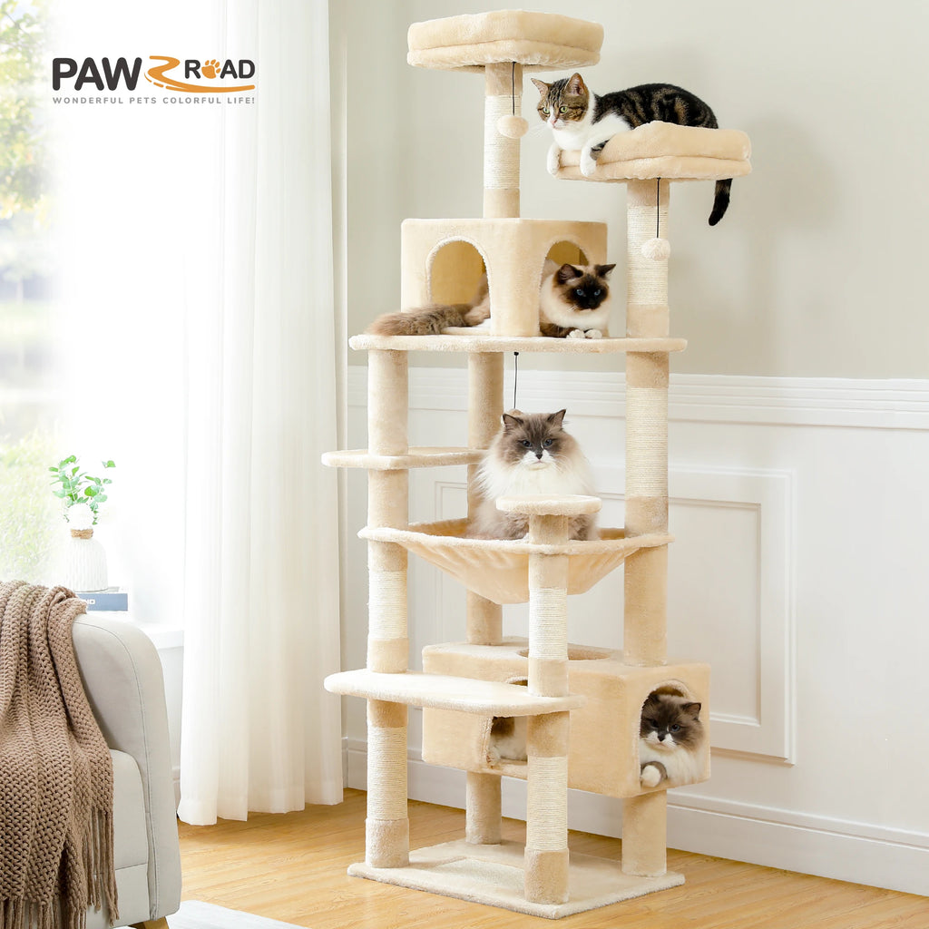 Árbol Rascador Multinivel para Gatos con Postes Rascadores, Hamaca, Casita, Percha Espaciosa y Bolas Colgantes para Gatos de Interior