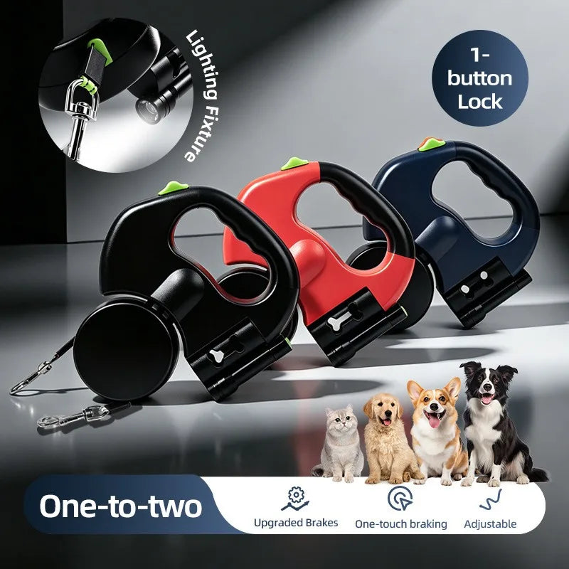 Correa Extensible Doble para Perros 3m con Linterna LED y Dispensador de Bolsas