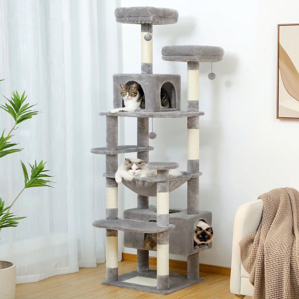 Árbol Rascador Multinivel para Gatos con Postes Rascadores, Hamaca, Casita, Percha Espaciosa y Bolas Colgantes para Gatos de Interior