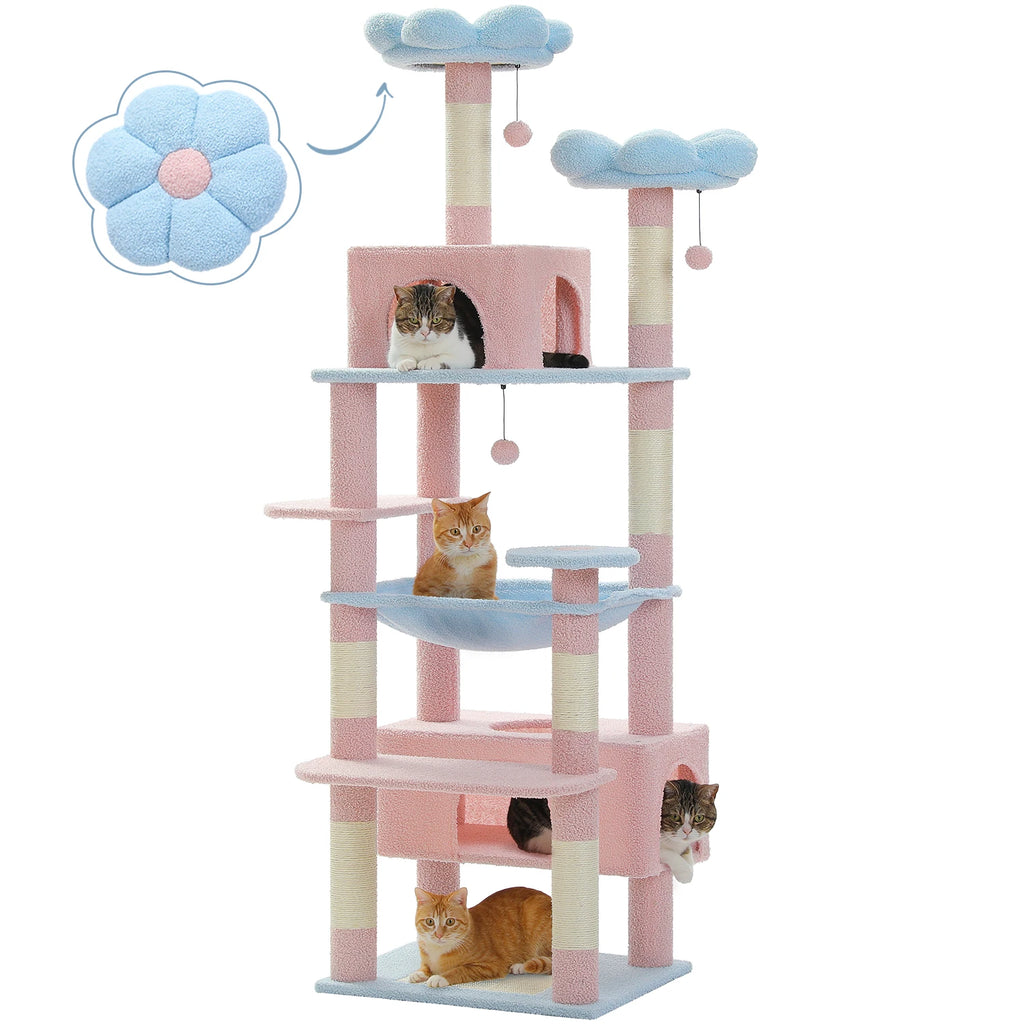 Árbol Rascador Multinivel para Gatos con Postes Rascadores, Hamaca, Casita, Percha Espaciosa y Bolas Colgantes para Gatos de Interior