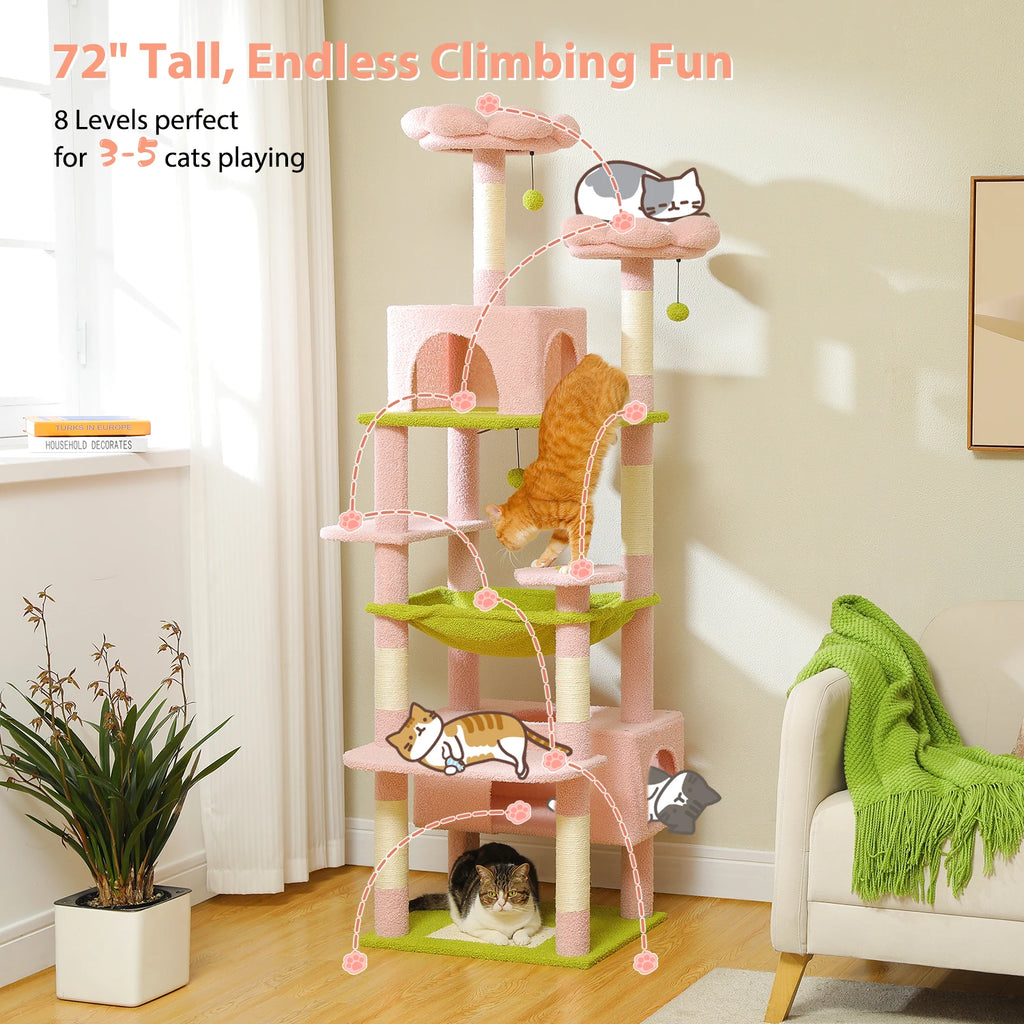 Árbol Rascador Multinivel para Gatos con Postes Rascadores, Hamaca, Casita, Percha Espaciosa y Bolas Colgantes para Gatos de Interior