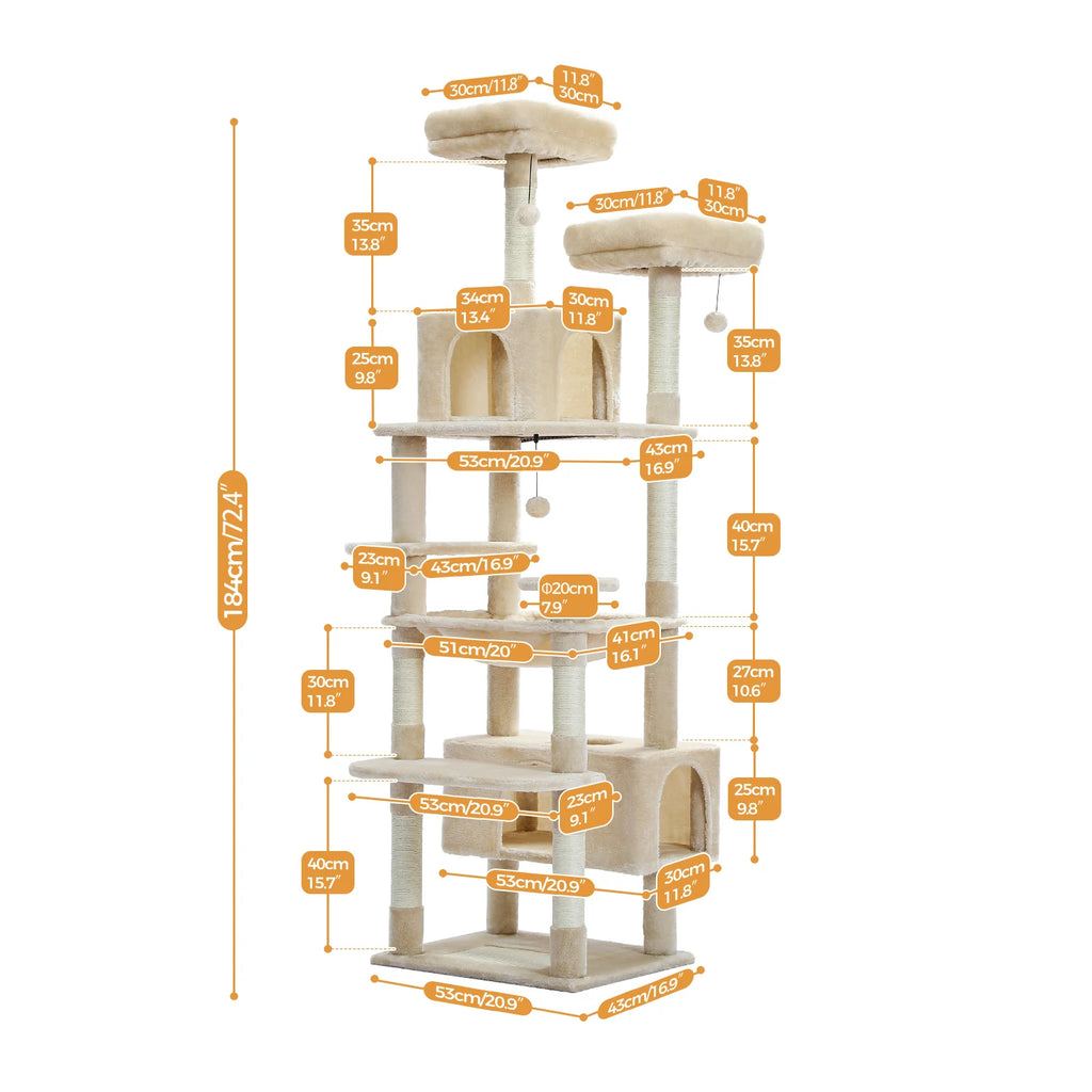 Árbol Rascador Multinivel para Gatos con Postes Rascadores, Hamaca, Casita, Percha Espaciosa y Bolas Colgantes para Gatos de Interior