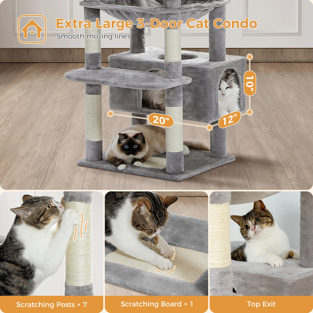 Árbol Rascador Multinivel para Gatos con Postes Rascadores, Hamaca, Casita, Percha Espaciosa y Bolas Colgantes para Gatos de Interior