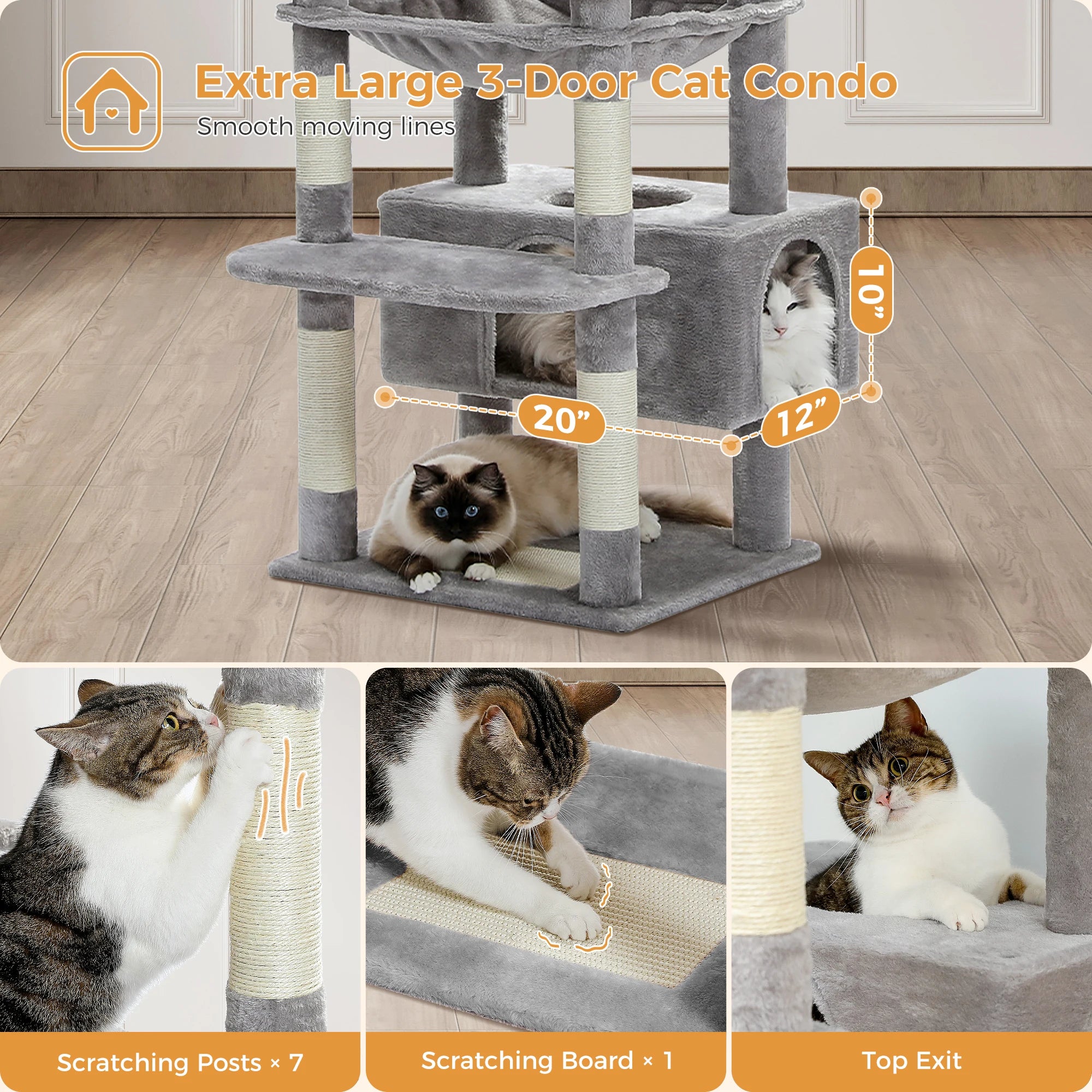 Árbol Rascador Multinivel para Gatos con Postes Rascadores, Hamaca, Casita, Percha Espaciosa y Bolas Colgantes para Gatos de Interior