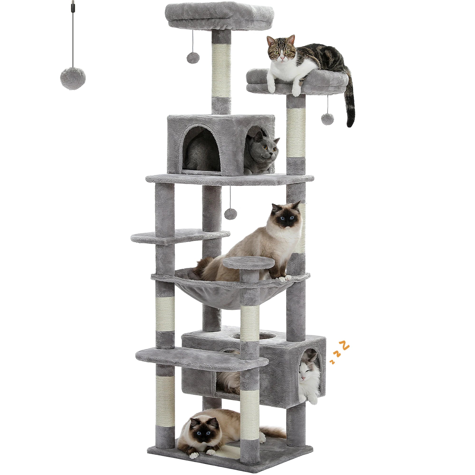 Árbol Rascador Multinivel para Gatos con Postes Rascadores, Hamaca, Casita, Percha Espaciosa y Bolas Colgantes para Gatos de Interior